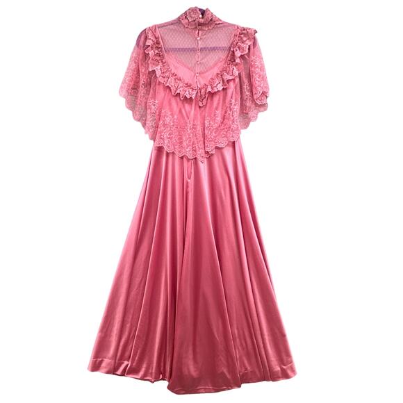 VTG 70s Maxi Dress Sz M Pink Edwardian Boho Prairie Cottagecore Lace Prom Hippie - Picture 2 of 16